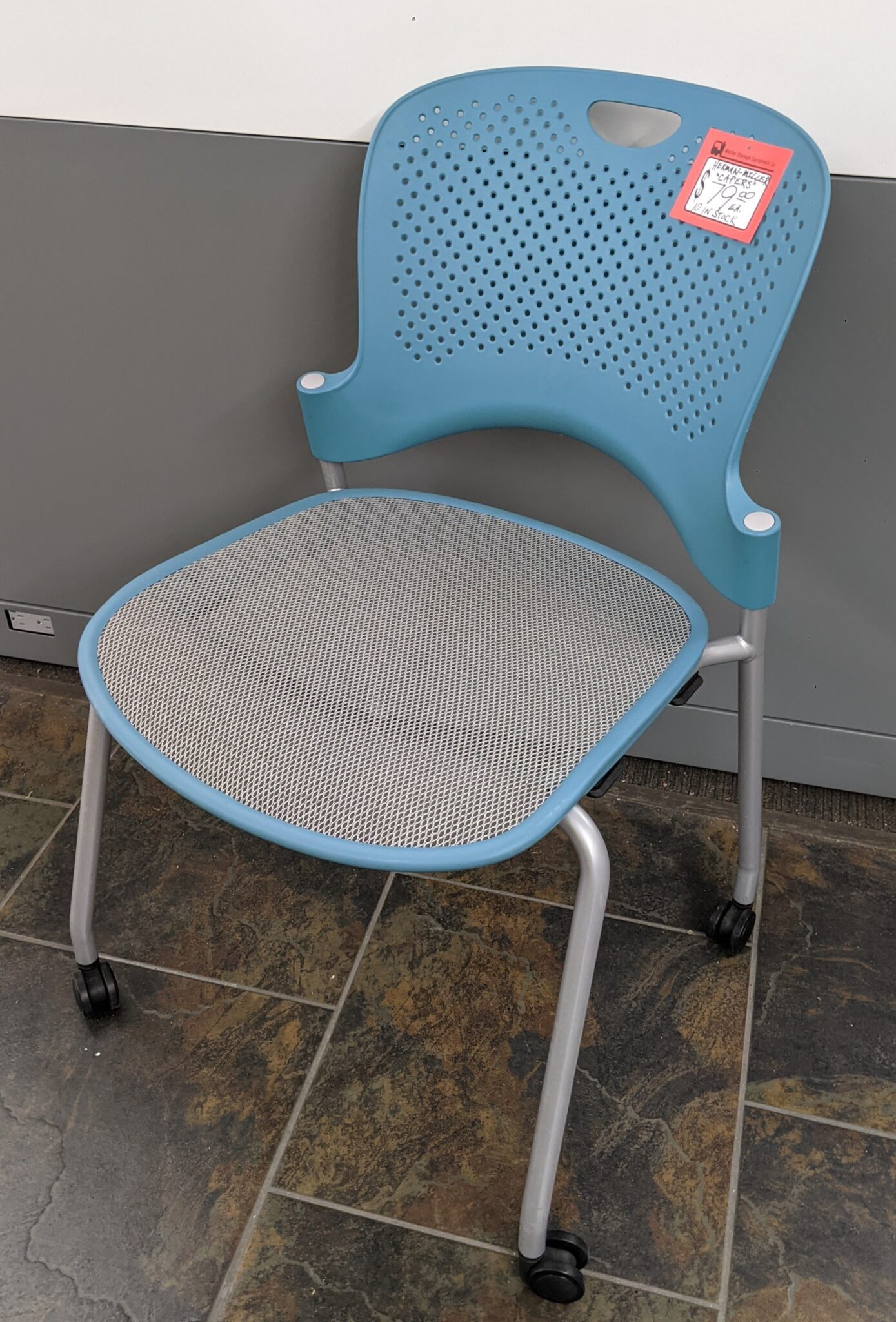 Herman Miller Cyan "Caper" Mesh Seat Armless Mobile Stack Chair Used